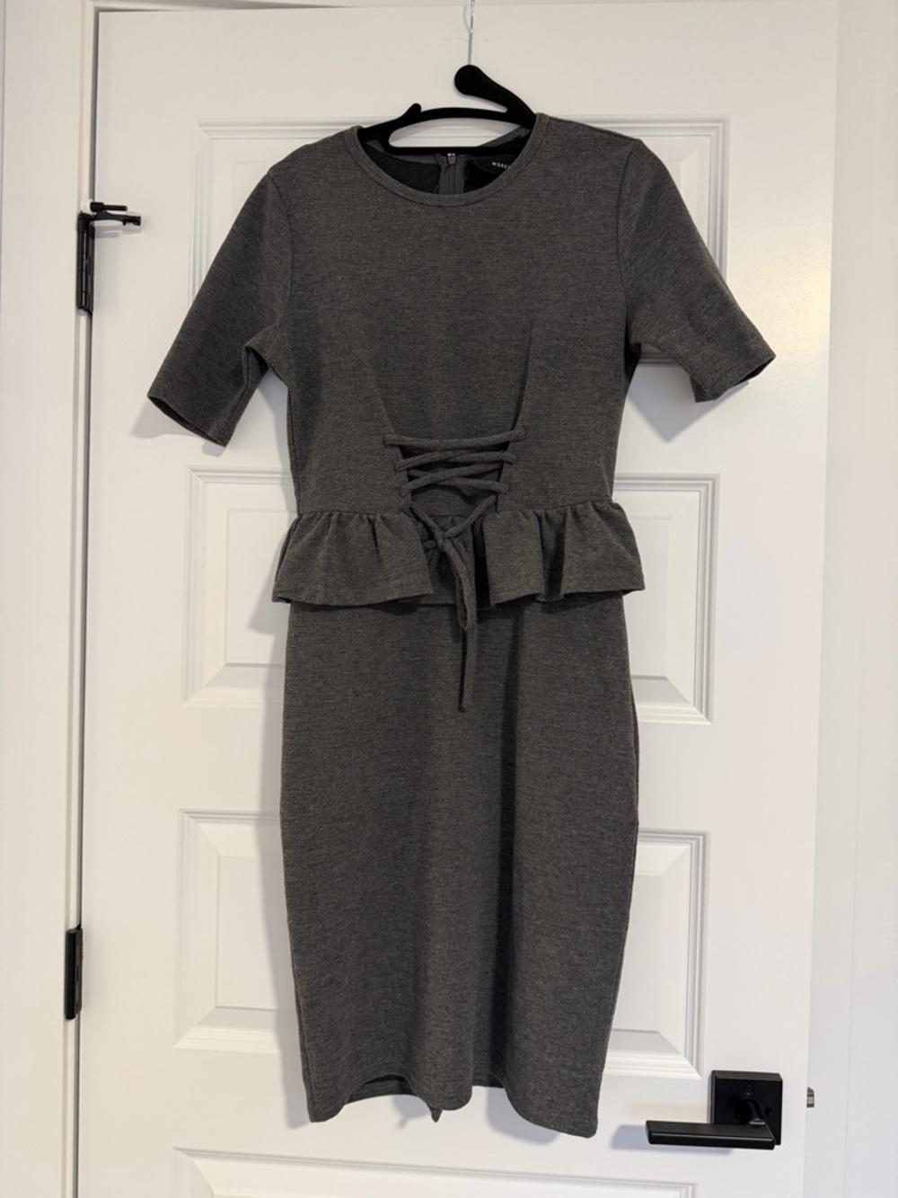 Workhall Peplum Lace-Up Pencil Dress in Charcoal Gray